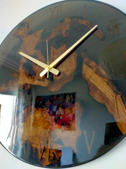 Transparent Epoxy & Olive Wood Wall Clock resinwoodliving