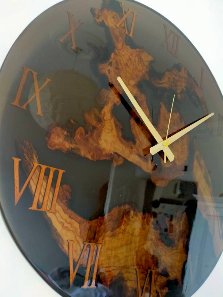 Transparent Epoxy & Olive Wood Wall Clock resinwoodliving