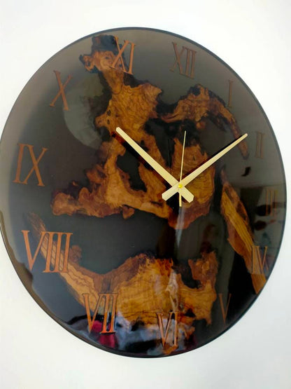 Transparent Epoxy & Olive Wood Wall Clock resinwoodliving