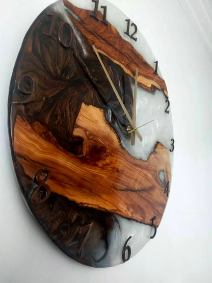 Bicolor Epoxy & Olive Wood Wall Clock resinwoodliving