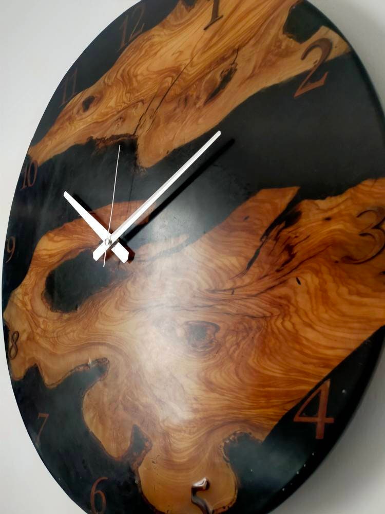 Transparent Epoxy & Olive Wood Wall Clock resinwoodliving