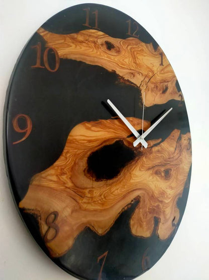 Transparent Epoxy & Olive Wood Wall Clock resinwoodliving