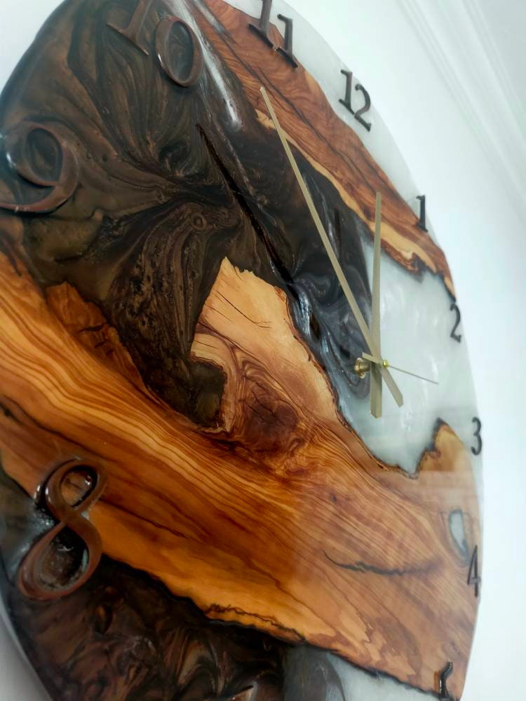 Bicolor Epoxy & Olive Wood Wall Clock resinwoodliving