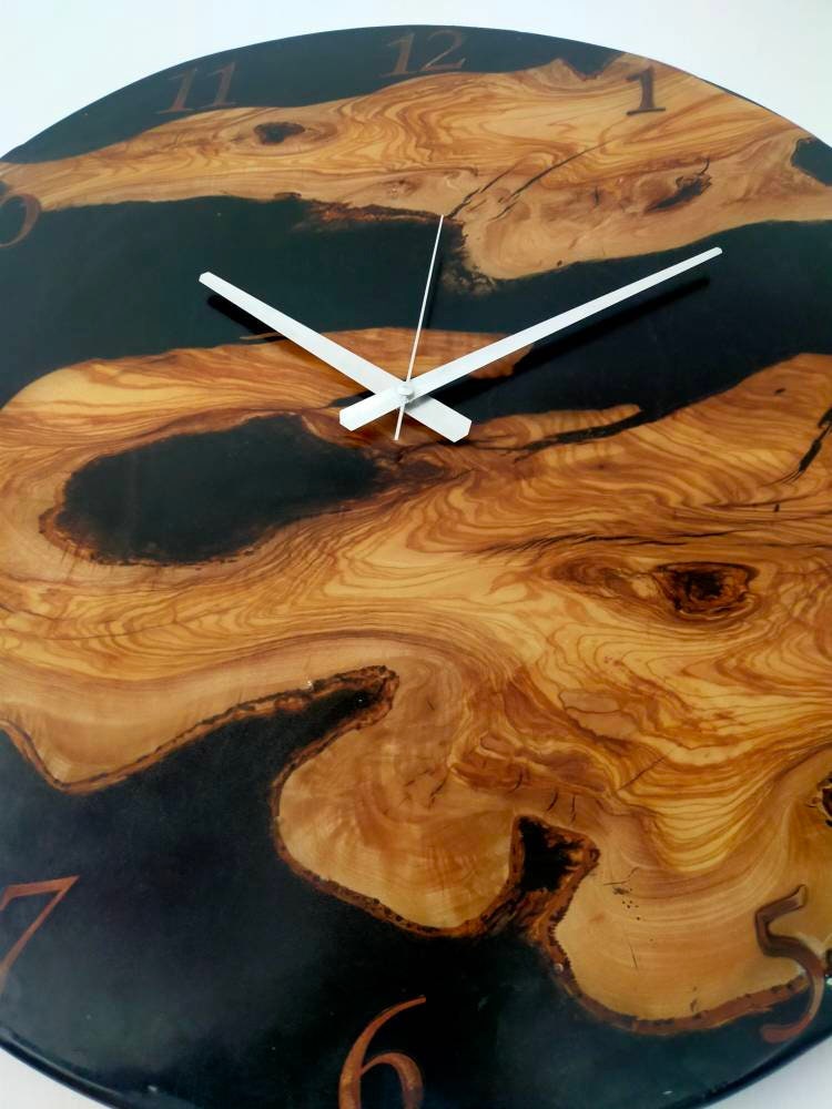 Transparent Epoxy & Olive Wood Wall Clock resinwoodliving