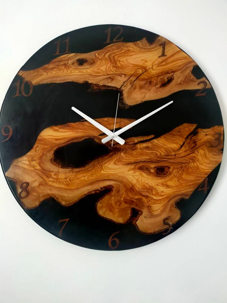 Transparent Epoxy & Olive Wood Wall Clock resinwoodliving