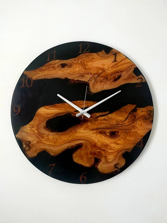 Transparent Epoxy & Olive Wood Wall Clock resinwoodliving