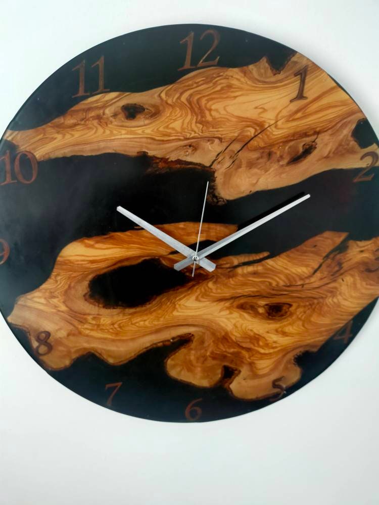 Transparent Epoxy & Olive Wood Wall Clock resinwoodliving