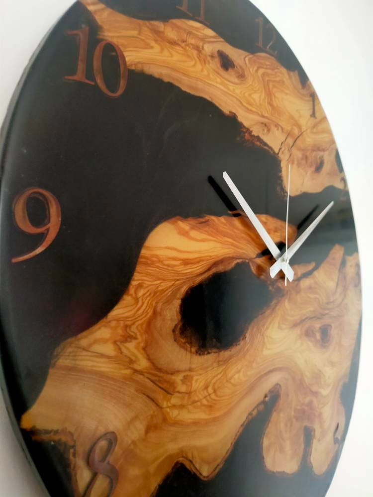 Transparent Epoxy & Olive Wood Wall Clock resinwoodliving