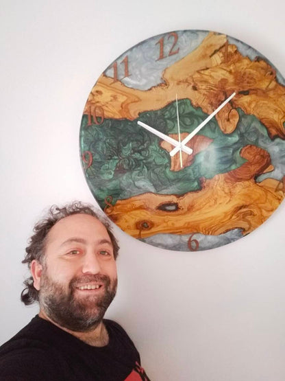 Bicolor Epoxy & Olive Wood Wall Clock resinwoodliving